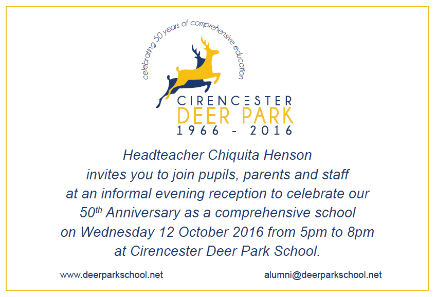 invitation to Cirencester Deer Park School 50th anniversary
