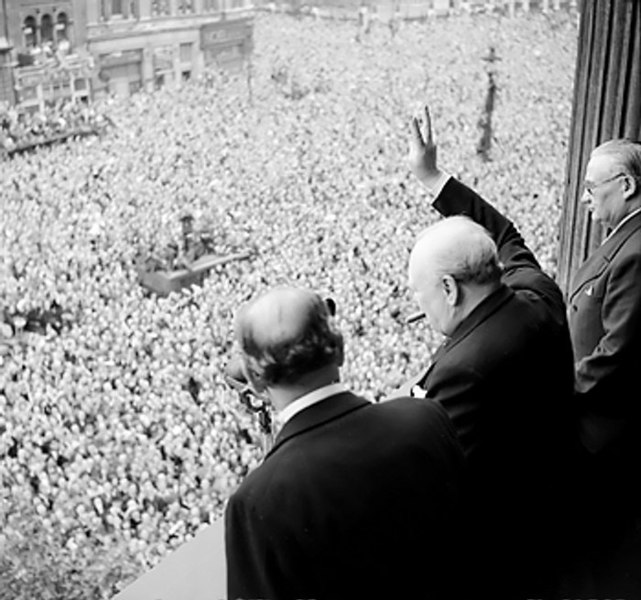 VE Day churchill and crowds