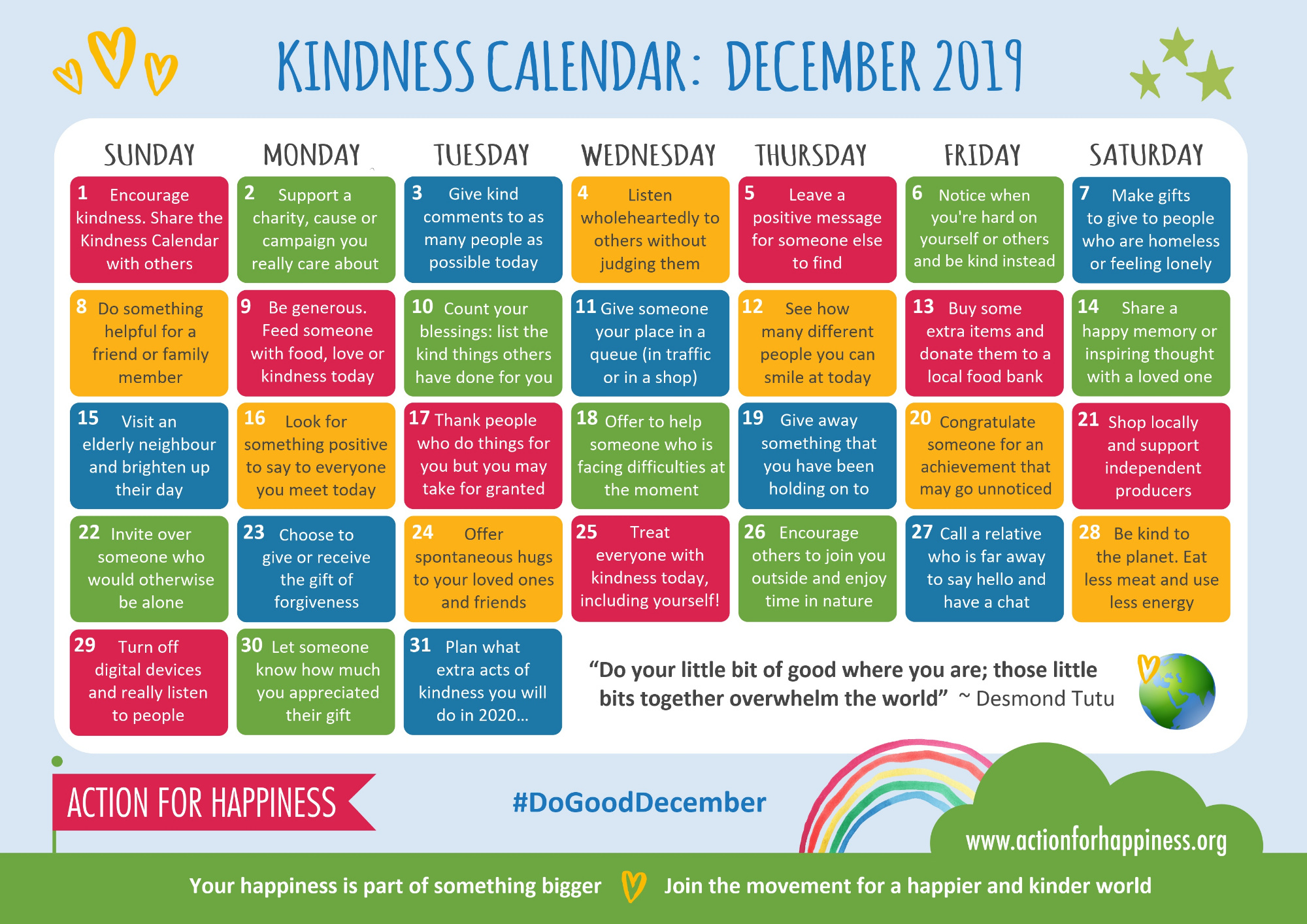 action for happiness calendar Kindness 